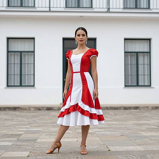 Photograph of a confident woman in a red and white traditional dress, standing on a stone-paved street in front of a white building with black-fr