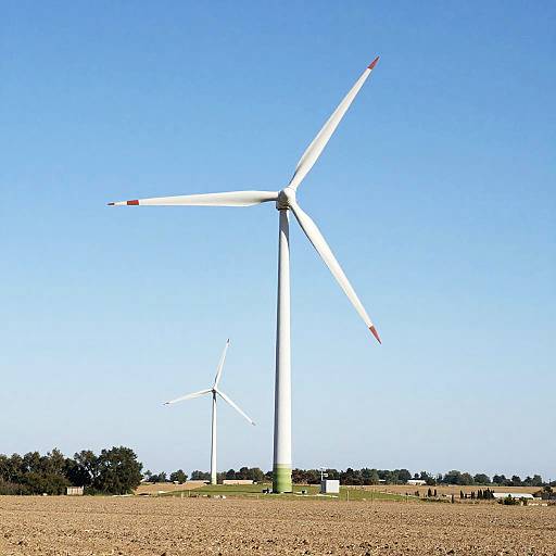 Photograph of two white wind turbines against a clear blue sky, standing in a brown, rocky field with scattered green trees and small buildings in the background