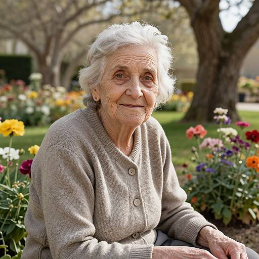 Photograph of an elderly white woman with short white hair, wearing a beige cardigan, sitting in a vibrant garden with colorful flowers, smiling warmly,