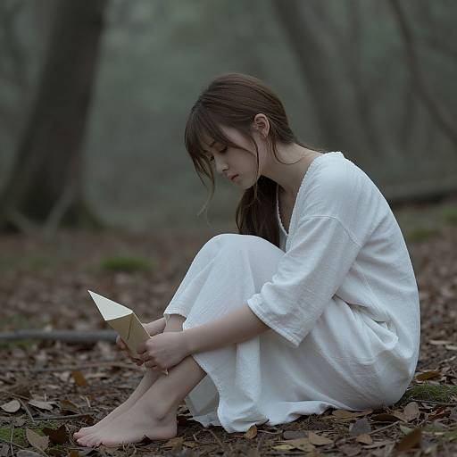 Photograph of a young Asian woman with long brown hair, wearing a white, loose-fitting dress, sitting barefoot in a forest, reading a