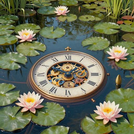 Photograph of a clockface submerged in a pond with pink water lilies, green lily pads, and gears visible through the clear water.