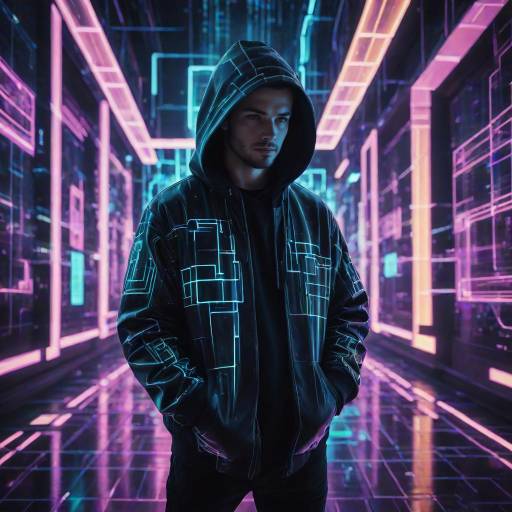 Futuristic Hacker in Neon Urban Landscape