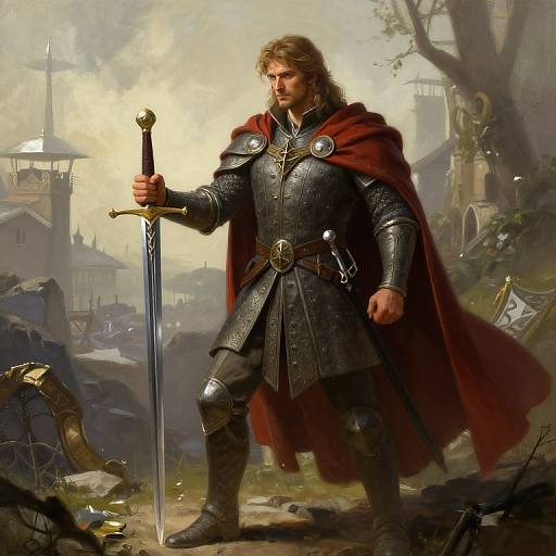 Digital painting of a muscular, bearded man in medieval armor with a red cape, holding a sword in a ruined, sunlit village.