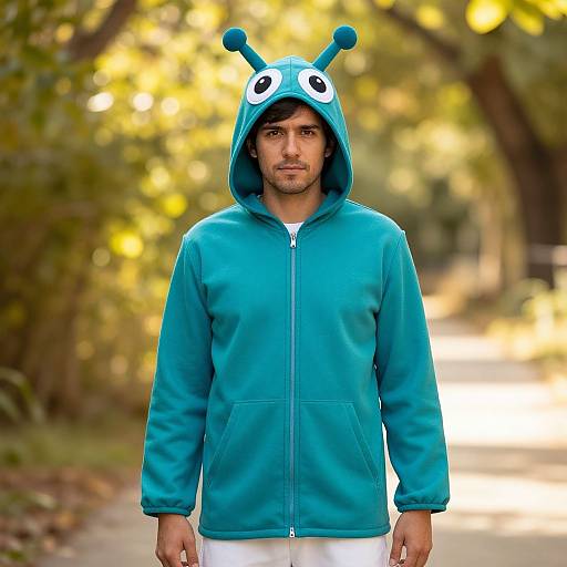 Photograph of a young man with medium skin tone, dark hair, and stubble, wearing a turquoise hoodie with a frog hat, standing on a