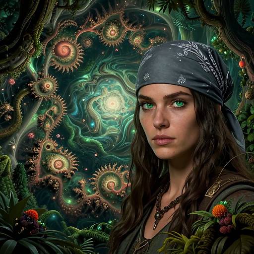Digital artwork of a green-eyed woman with dark hair, wearing a blue bandana, surrounded by swirling, glowing gears and vibrant flora.