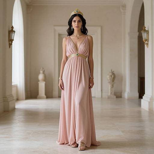 Photograph of a dark-haired woman in a pink, V-neck, floor-length gown with gold accents, crown, and jewelry, standing in a grand