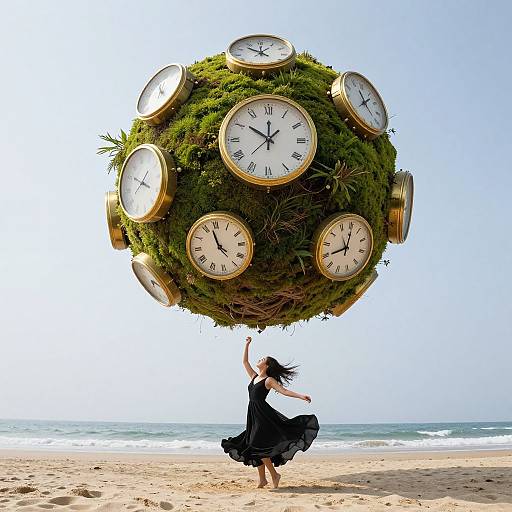 Photograph of a woman in a flowing black dress lifting a giant clock-shaped sphere of green moss and clocks on a sunny beach.