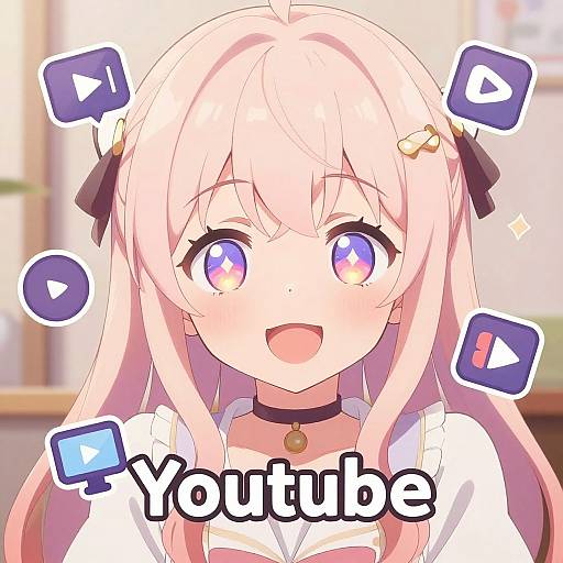 Anime-style digital drawing of a cute, smiling girl with pink hair, purple eyes, and black bows, with 