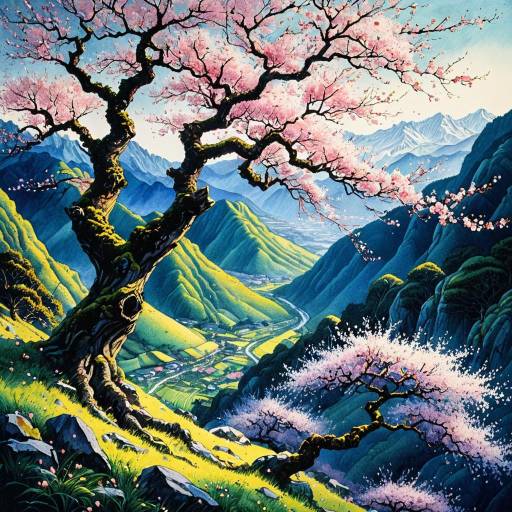 Serene Cherry Blossom Tree in Mountains Serene Cherry Blossom Tree in Mountains