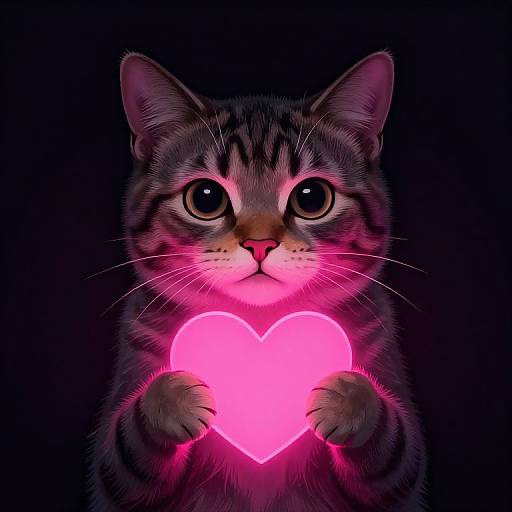 Digital artwork of a cute, wide-eyed, gray tabby kitten holding a glowing pink heart against a dark background.