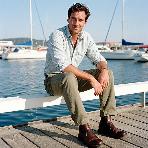 Photograph of a handsome, dark-haired man in a white checkered shirt, olive pants, and brown boots, sitting on a dock with a mar