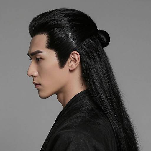 Photograph of an Asian man in profile, with long black hair in a topknot, wearing a black shirt, against a gray background.