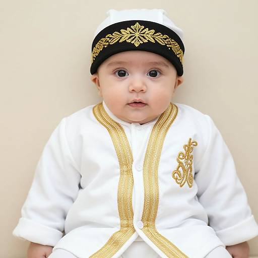 Baby in Elegant White and Gold Outfit