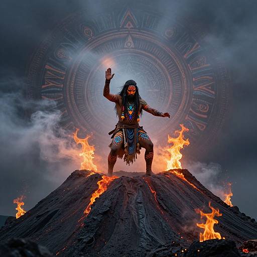 Photograph of a Native American warrior with glowing blue face paint, standing on a volcanic mound, surrounded by flames, against a mystical, circular, smoke