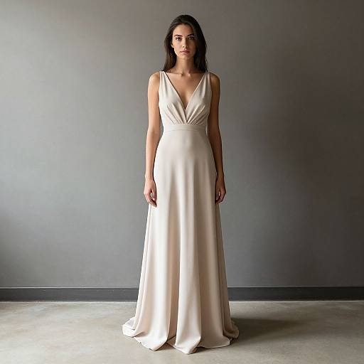 Photograph of a woman with long dark hair wearing a sleek, ivory satin floor-length gown with a deep V-neck, standing in a gray-walled