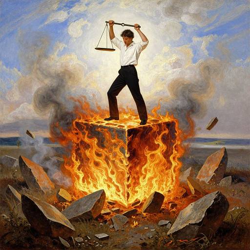 Digital painting of a white-shirted man standing on a flaming rock, balancing scales, with broken rocks around and a dramatic sky background.