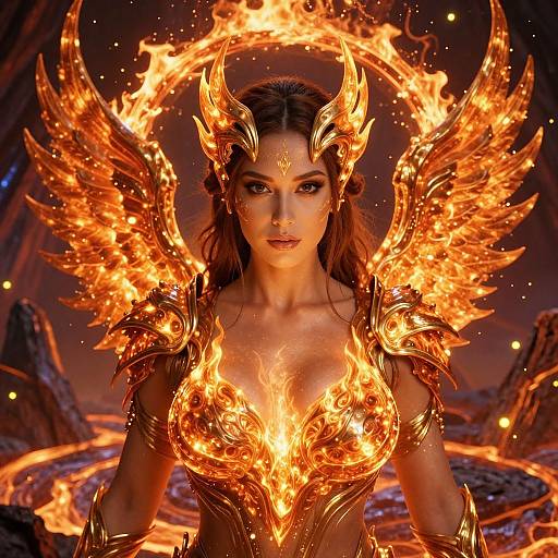 Digital artwork of a fiery, demon-like woman with glowing orange wings, golden horns, and armor, standing in a volcanic landscape.