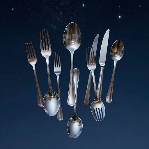 Surreal Metallic Cutlery in Starry Sky