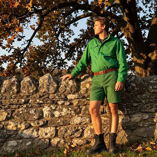 Confident Male Outdoors by Stone Wall