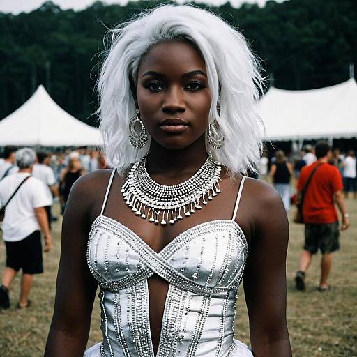 Dark-Skinned Woman in Silver Festival Outfit