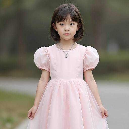 Photograph of an Asian girl with straight black hair, wearing a pastel pink, puffed-sleeve dress, standing outdoors on a blurred path