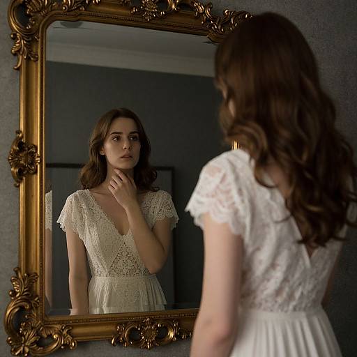 Photograph of a brunette woman with wavy hair, wearing a white lace dress, standing in front of an ornate, golden-framed mirror,