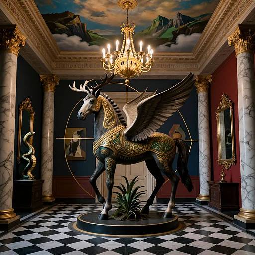 Photograph of a grand, opulent room featuring a golden, winged Pegasus statue with intricate designs, beneath a lavish chandelier, flanked
