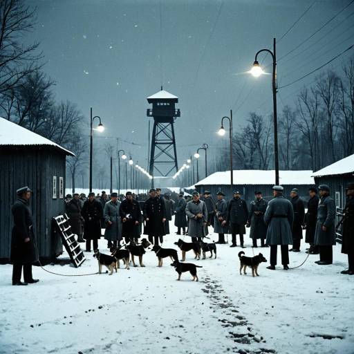 WWII Concentration Camp Arrival Scene with Guards and Dogs
