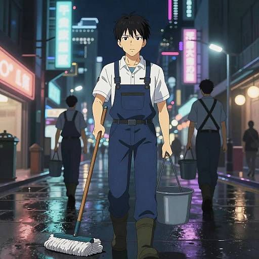 Anime-style drawing of a young man in blue overalls and white shirt, mopping a neon-lit, rain-soaked city street at night,