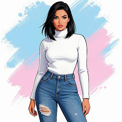 Digital illustration of a confident woman with straight black hair, wearing a white turtleneck and high-waisted, ripped blue jeans, against a blue
