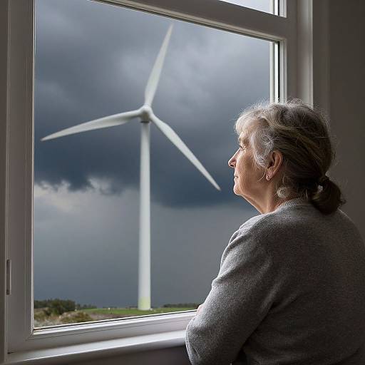 Elderly Woman Observing Stormy Wind Turbine