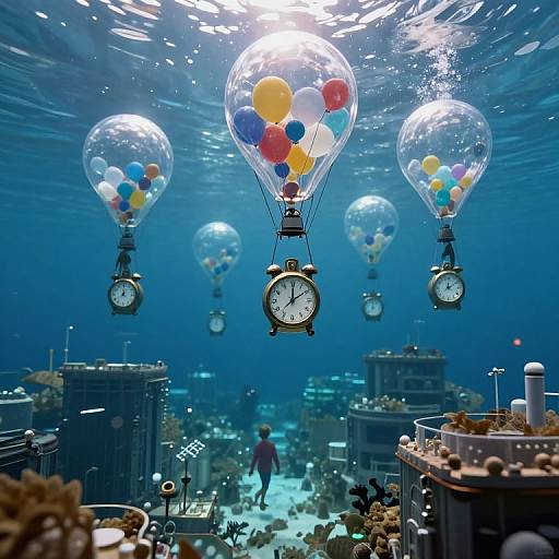 Photograph: Underwater scene with floating, clear-balloon lanterns adorned with colorful balloons and clocks, surrounded by cityscape models and coral. Blue