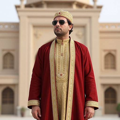 Photograph of a bearded man in traditional Middle Eastern attire, wearing a red embroidered robe, gold embroidered tunic, and beige cap, standing in