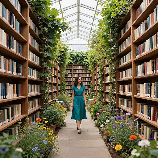 Photograph of a woman in a teal dress walking through a sunlit, greenhouse-like library aisle with wooden shelves, lush greenery, and vibrant flower