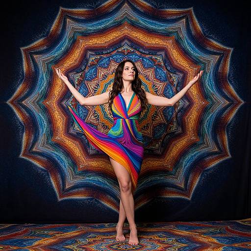 Photograph of a woman with long dark hair, wearing a colorful, flowing dress, standing barefoot against a vibrant, intricate mandala backdrop.