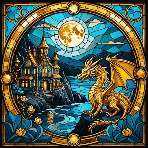 Surreal Stained Glass Golden Dragon Illustration