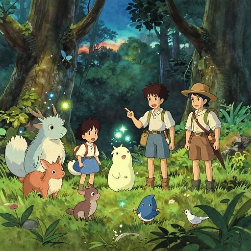 Anime-style forest scene: three children with backpacks, pointing at glowing fireflies, surrounded by fluffy, colorful animals; tall trees and dusk sky backdrop