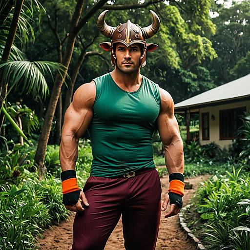 Muscular man in horned helmet costume outdoors