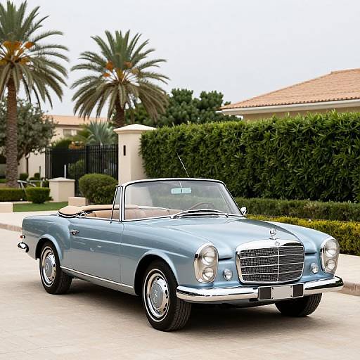 Photograph of a classic light-blue convertible car with a chrome grille and white top, parked on a suburban street with palm trees and a hedge in the