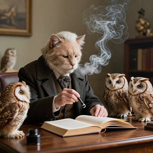 Photograph: Anthropomorphic cat in black coat smoking pipe, surrounded by four owls, reading open book on wooden desk in dimly lit room.