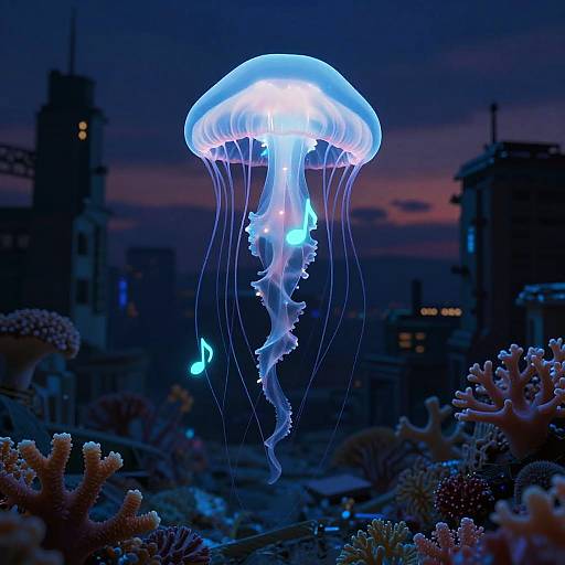 Bioluminescent Jellyfish Singer in Neon Ruins