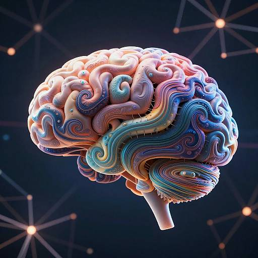 Digital artwork of a colorful, swirling, glowing human brain with vibrant pink, blue, and purple folds against a dark, starry background.