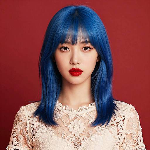 Photorealistic digital portrait of an Asian woman with vibrant blue hair, red lipstick, and lace white top, set against a solid red background.