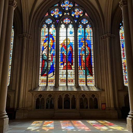 Photograph of a Gothic-style stained glass window with vibrant blue, red, and yellow figures in robes, casting colorful light onto a stone altar inside a