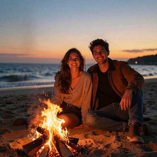 Photograph of a smiling couple, woman with long brown hair in a beige sweater, man with curly hair in a brown jacket, sitting by a camp