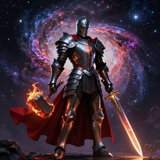 Digital artwork of a knight in silver armor with a flaming sword, red cape, and helmet, standing against a swirling galaxy background.
