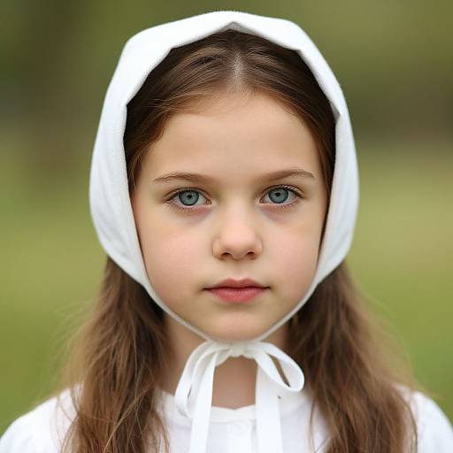 Photograph of a young girl with blue eyes, light skin, and brown hair, wearing a white hooded garment with a matching white ribbon, set