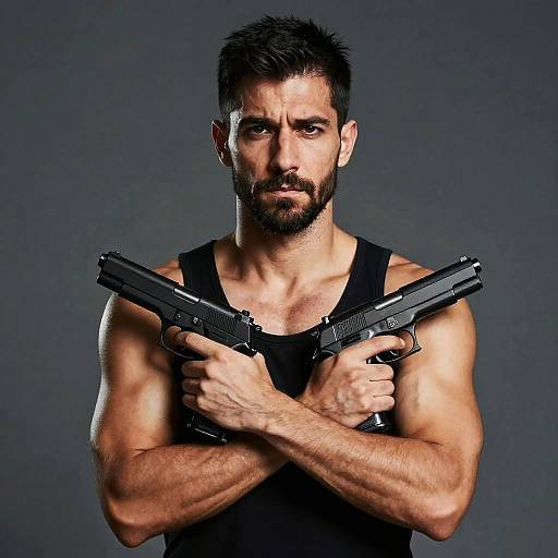 Intense Muscular Man with Handguns