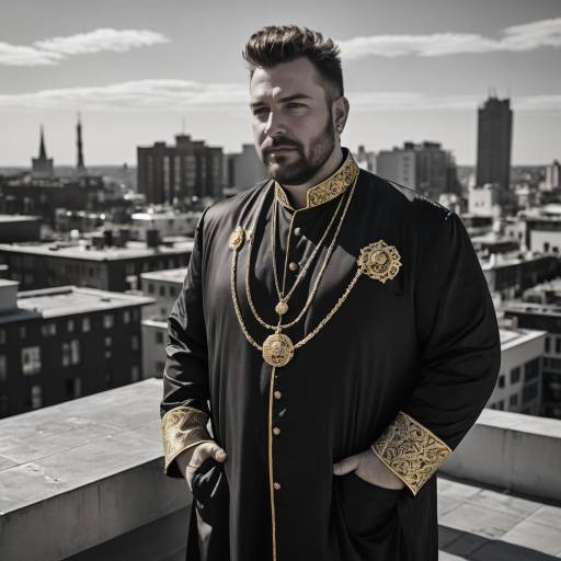 Curvy Man in Ornate Priest Robe on Rooftop