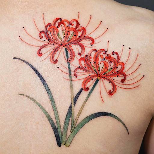 Vivid tattoo of two red, intricate flowers with black stamens and green stems on pale skin, showcasing delicate, swirling petal designs.